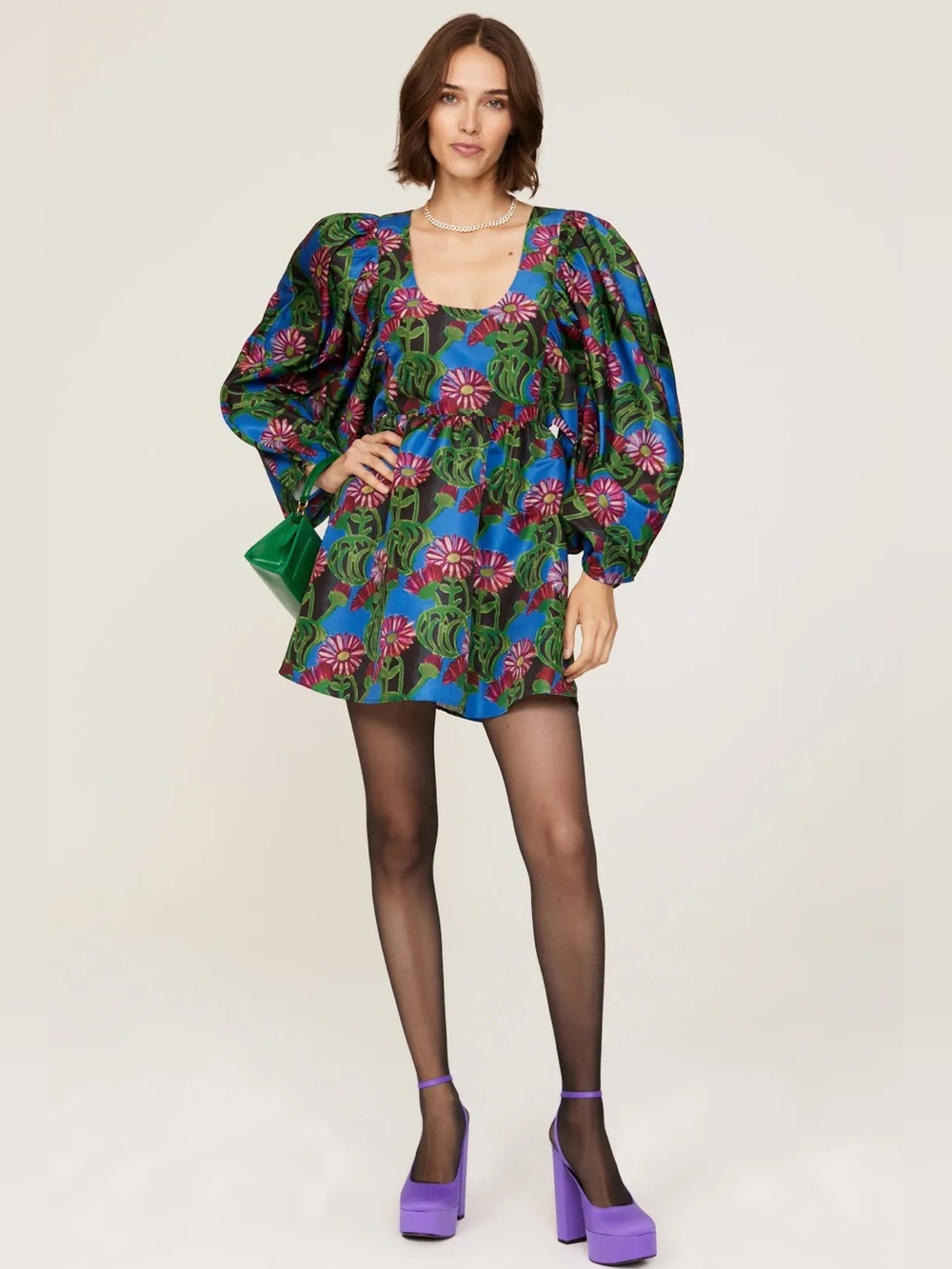 LA DoubleJ Floral Mini Dolly Dress in Bright Blue, Green and Pink